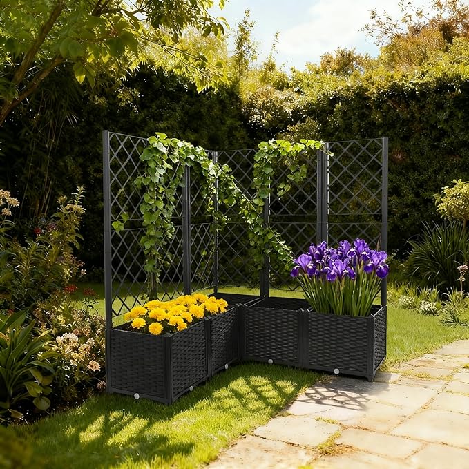 5PCS Raised Garden Bed with Treliis, Freestanding Garden Planter, Detachable Outdoor Planter Box, Vertical Garden Beds with Water Storage Mechanism for Climbing Growing, Backyard (Black)