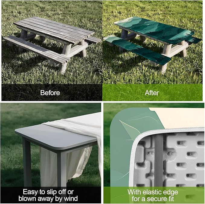 Picnic Table Cover with Bench Covers Set of 3 - Layered Landscape Mountain Forest Tablecloth, Elastic Fitted for 6 Ft Tables, Washable Polyester Cover for Camping, Indoor & Outdoor