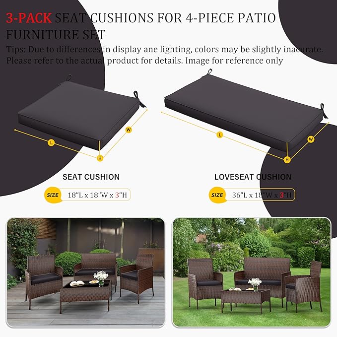 3 Pack Outdoor Replacement Cushions, Fit for 4-Seater Wicker Rattan Patio Conversation Set, 36x18x3,18x18x3, Liner & Cover