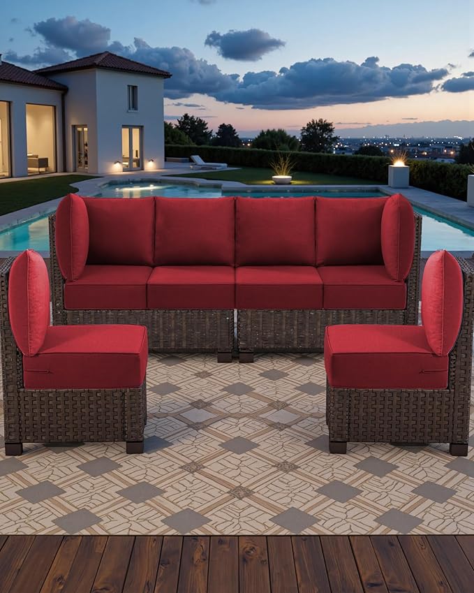 Luxury 24x24x6 Outdoor Seat Cushions for 6-Seat Sectional Sofa Set of 6 - Water-Repellent 14-Piece Patio Cushion Set for Outside Rattan Wicker Loveseat Chair L-Shape Couch - Red/Classic