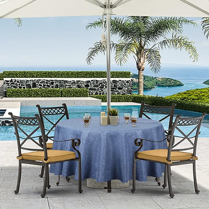 Outdoor Tablecloth Wrinkle-Free Stain Resistant Waterproof Polyester Fabric Table Cover with Zipper Umbrella Hole for Picnic/Party/Dinner/Patio Garden(70inch Round,Zippered,Denim Blue)