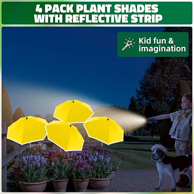 4 Pack 24.9" Plant Umbrellas for Outdoor Plants,47.2" Height Small Umbrella with Reflective Strip, Adjustable Plant Shades for Outdoor Plants, Garden, Potted