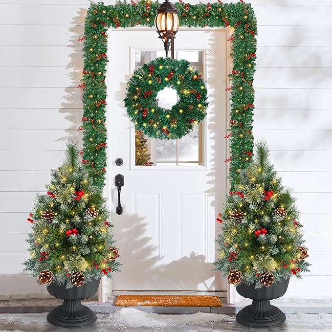 2 Pack Pre-lit Christmas Tree, Battery Operated with Timer, Multi-Color & Warm White Changing LED Lights, 27 inch Artificial Christmas Tree for Outdoor Porch, Urn Filler, Home Xmas Decorations