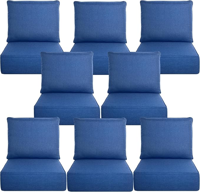 Belord Luxury 6" Thick Outdoor Cushion 8 Set - 22 x24 Inch 28D Sponge Filling Fade-Resistant Chair Cushion, Spill Proof Removable Patio Furniture Replacement Cushion for Sofa Bench Swing - Blue