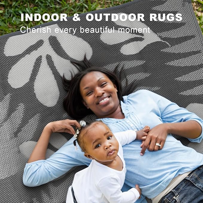 wikiwiki Outdoor Rug, 9x18ft Waterproof Reversible Mat Indoor Outdoor Rugs Carpet, Small Area Rug Plastic Straw Rug for Patio Deck Balcony Pool RV Camping Beach Picnic, Grey Leaves, Rugscape Series
