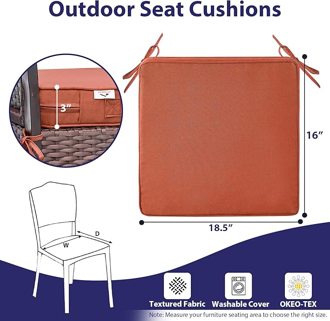 Outdoor Chair Cushions Set of 4 -Waterproof Outdoor Seat Cushions for Patio Furniture, Patio Chair Cushion with Handle and Ties, Square Out Door Chair Pads,18.5" x 16" x 3", Spice