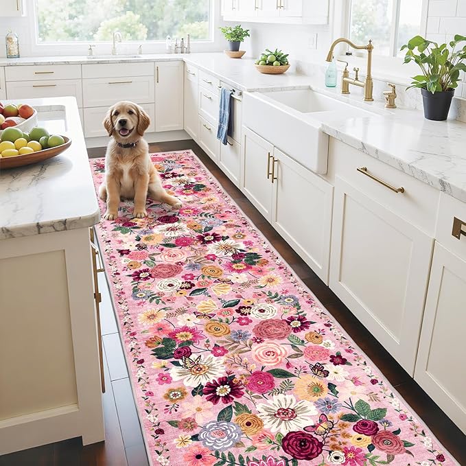 Rug for Hallways Kitchen Rug 2'6" x 14', Non Slip Washable Rugs with Rubber Backing Soft Floral Carpet Runner for Hallways, Kitchen, Laundry, Bedroom, Bathroom(2.6 x 14, Pink Garden)