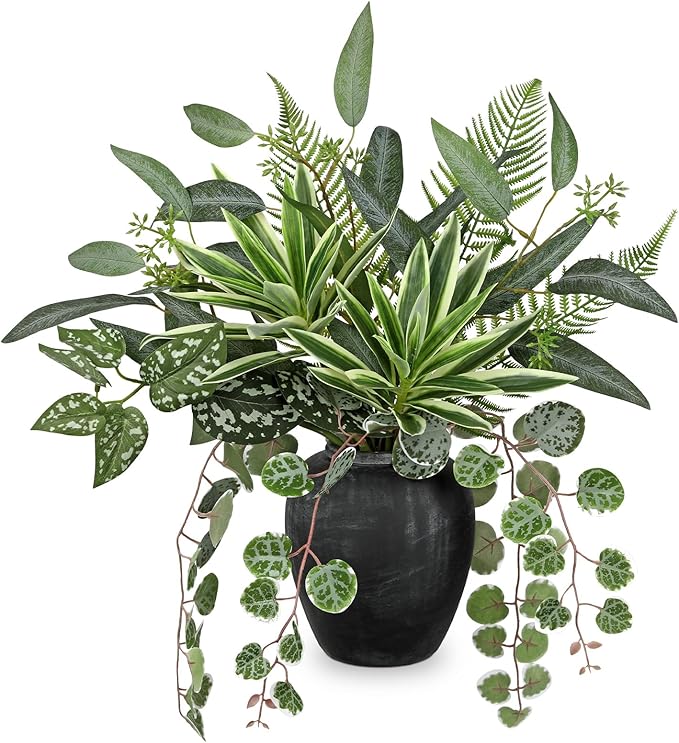 Artificial Greenery Arrangement with Cement Vase, Fake Potted Plants in Rustic Jug Planter, Faux Leaf Bouquet for Table Centerpiece, Farmhouse Home Decor, Dining Room, Living Room, Shelf Decoration