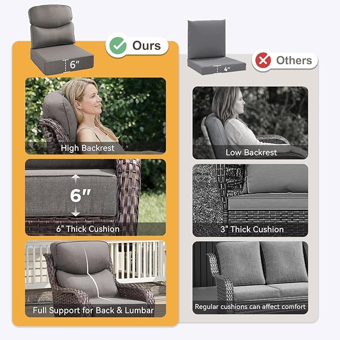 Outdoor Cushion Set for Patio Furniture, UV Resistant, Water Resistant - 6 Inch Thick Dual Layer Back Support Cushions– 24x24 Inch Patio Seat Covers for Chair/Sofa/Couch | Grey | 6-Pack |