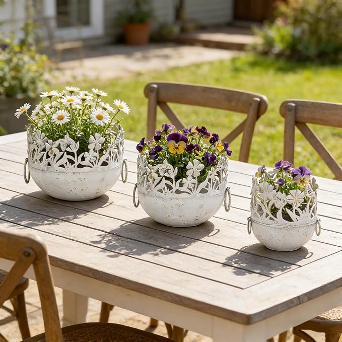 3-Piece Vintage Metal Floral Cutout Planter Set, Rustic Garden Flower Pots for Indoor Outdoor Decor, Distressed Bronze Planters with Handles