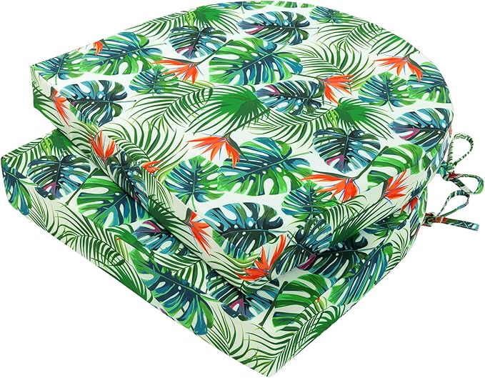 Topotdor Outdoor Chair Cushions Set of 2, Waterproof Patio Chair Cushions for Outdoor Furniture, Round Corner Seat Chair Pads with Ties for Patio Garden Dining Office, 19"x19"x3", Tropical Plant