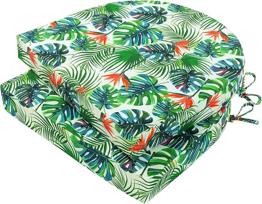 Topotdor Outdoor Chair Cushions Set of 2, Waterproof Patio Chair Cushions for Outdoor Furniture, Round Corner Seat Chair Pads with Ties for Patio Garden Dining Office, 17"x16"x2", Tropical Plant