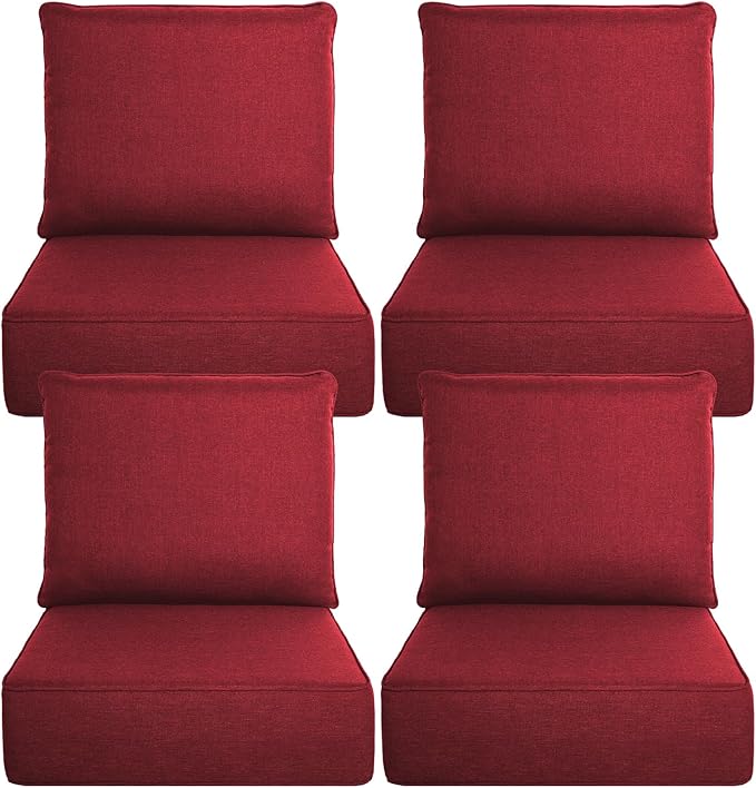 Belord Luxury 6" Thick Outdoor Cushion 4 Set - 24 x24 Inch 28D Sponge Filling Fade-Resistant Chair Cushion, Spill Proof Removable Patio Furniture Replacement Cushion for Sofa Bench Swing - Red