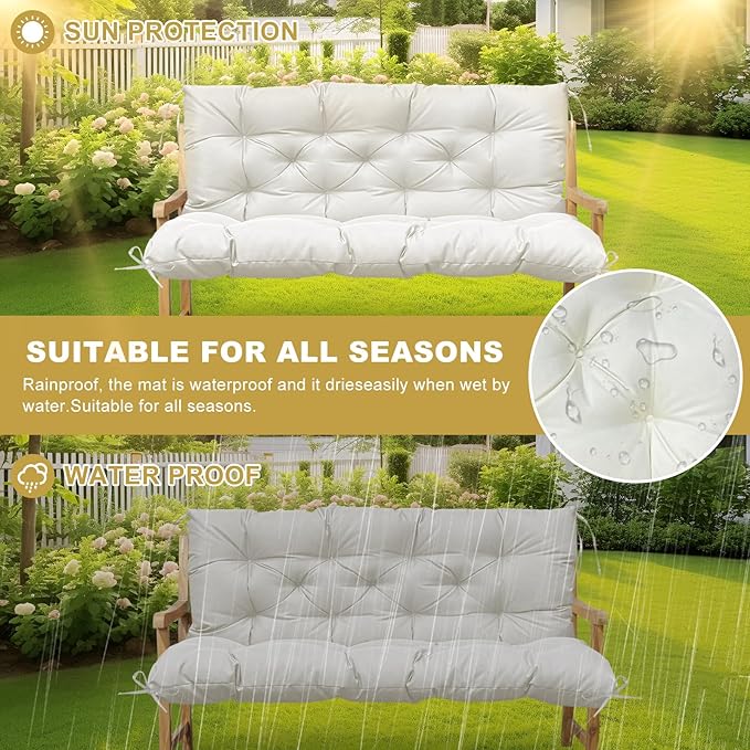 60" Porch Swing Cushion with Backrest, Waterproof Outdoor Bench Swing Cushions 3 Seater Replacement Thickened Swing Cushions with Ties for Patio Garden Backyard,Beige,60x40in