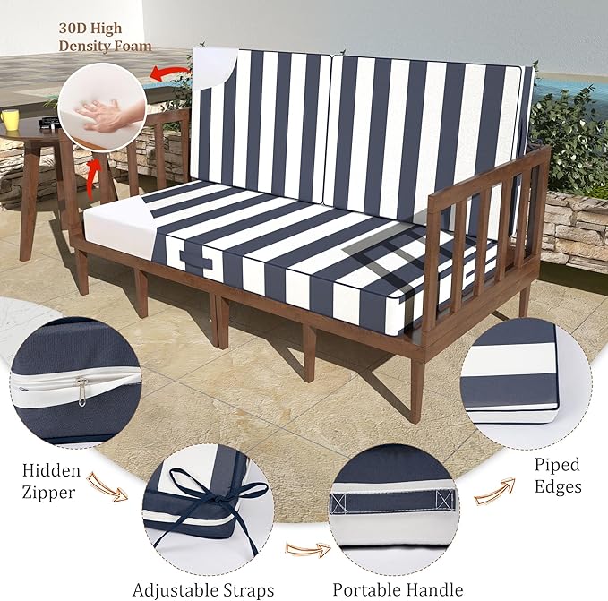 46 x 24 Outdoor Loveseat Cushion Set, 3 Piece Seat Cushions for Patio Furniture,Fade Resistant,Water Repellent, Outdoor Cushion Set for Wicker Couch,Bench,Swing,Blue White Striped