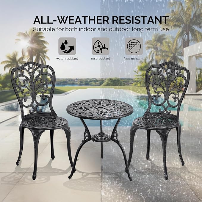 Outvita Patio Table and Chairs Set, Cast Aluminum Outdoor Cafe Table and Chairs Set of 3, Stability Patio Bistro Sets with Umbrella Hole for Garden, Patio, Balcony, Butterfly Pattern Black