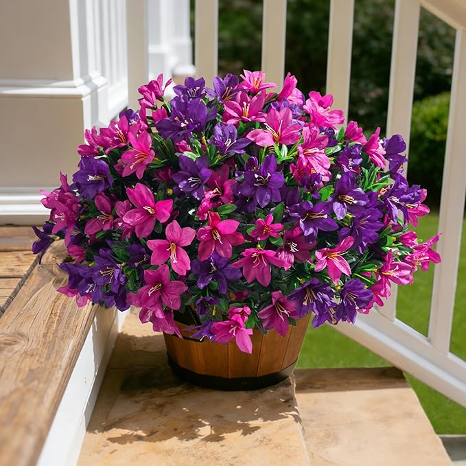 INSPRING Artificial Fake Flowers for Outdoors Spring Summer Decoration, 3 Bundles Realistic Outdoor Faux Azalea Plants UV Resistant Silk Flowers for Outside Planter Patio Porch Garden Yard Home Decor