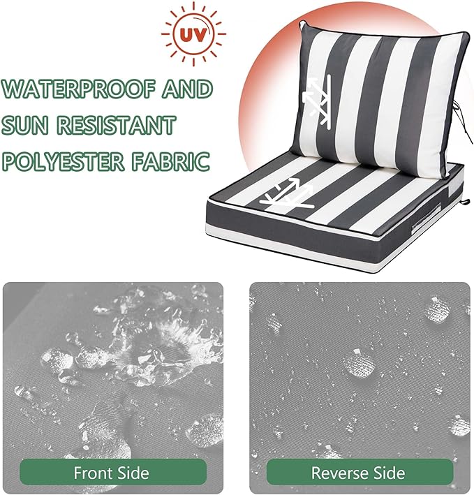 Outdoor Chair Cushions 3 Set,24 x 24 x 5IN, Patio Deep Seat Cushion for Patio Furniture, Waterproof & Fade Resistant Thick Deep Seating Pads for Outside Wicker Ratten Chair,Gray Black Striped