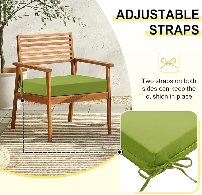 downluxe Outdoor Chair Cushions Set of 4 for Patio Furniture, Water-Resistant Square Corner Patio Chair Cushions with Ties, High Density Foam Outdoor Seat Cushion, 18.5" X 16" X 3", Sage Green