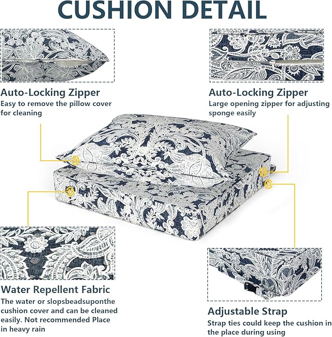 Outdoor Deep Seat Cushion Set, Water Repellent 24"x24" Patio Thick Cushions Replacement with Seat & Back Pillow for Patio Sofa, Wicker Chair, Couch - Damask Lapis