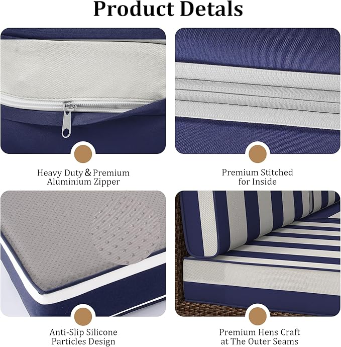 14 Pcs Outdoor Replacement Cushions for Patio Furniture, All Weather Water Resistant Cushion for 6 Seat Rattan Wicker Sectional Patio Conversation Sets and Couch (Blue Stripe)