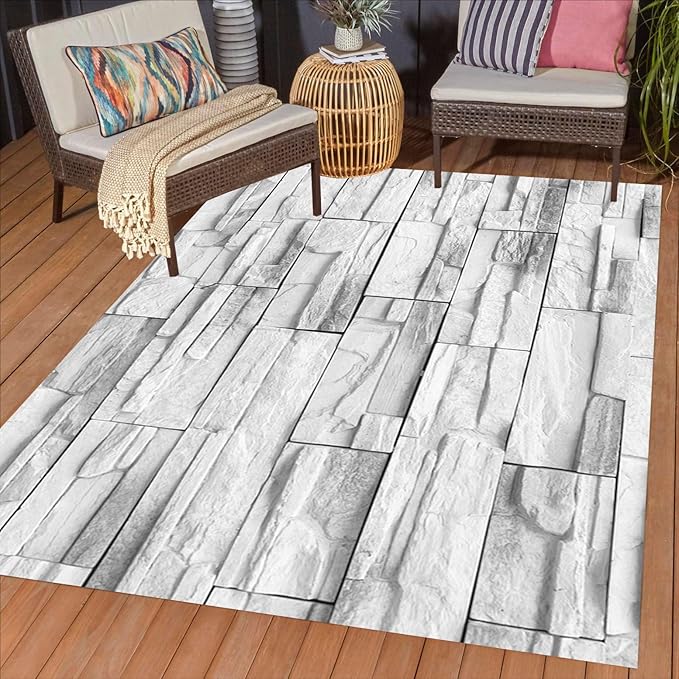 Vintage Abstract Old Brick Wall Texture Outdoor Waterproof Rug 7x10 Minimalist Gray White Stone Texture Outdoor Area Rug for Backyard Balcony Patio Deck Pool Washable Garden Courtyard Outside Mat