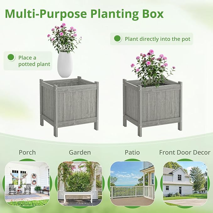 LUE BONA Outdoor Plant Pots Set of 2, 13.7" x 12.5" x 14.5" Flower Pots with Drainage Holes, Outdoor Planter Box for Outdoor Plants - Porch Patio, Garden or Entryway, Light Gray-Oil Printed