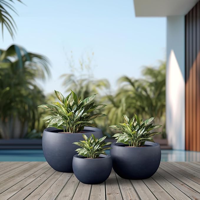 Kante 19.9",15.7",11.8" Dia Round Concrete Planter Set of 3, Outdoor/Indoor Large Bowl Plant Pots with Drainage Hole and Rubber Plug for Garden Patio Balcony Home, Dark Gray
