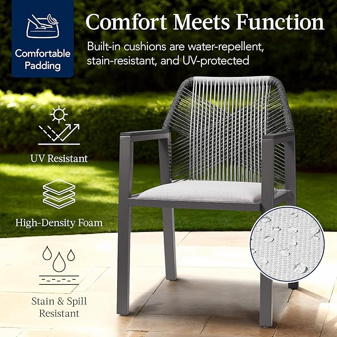 Best Choice Products Outdoor Dining Arm Chair Set of 2, Aluminum Frame with Armrest, All-Weather Woven Rope Chair Design - Charcoal/Graphite