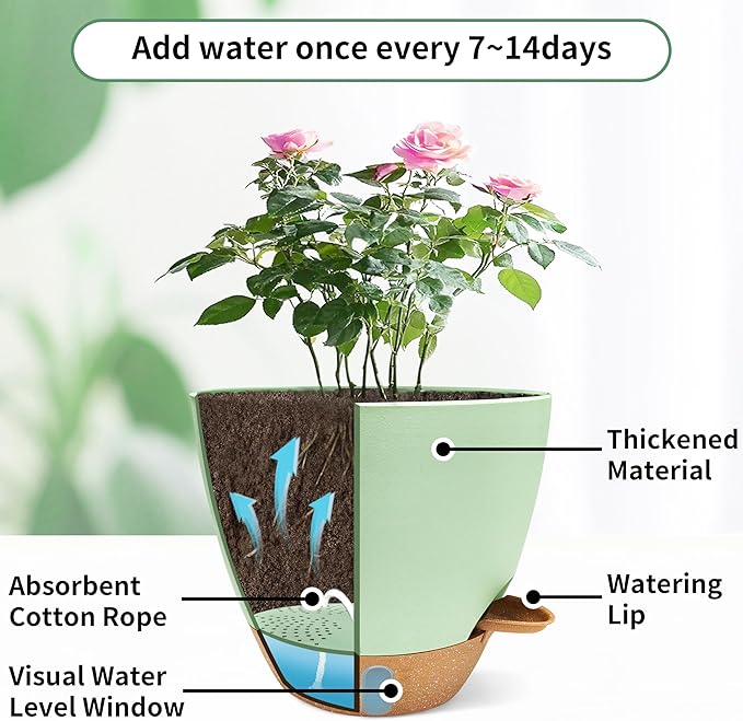 MNKXL 12"/10"/9"/8" Self Watering Pots with Visual Water Window,Extra Large Self Watering Plant Pots with Drainage Holes & Saucers,Green Planters for Indoor Plants,4-Pack