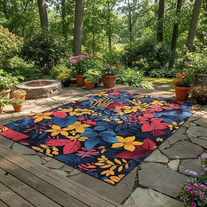 Floral Outdoor Rug 4x6 Modern Dark Blue Red Yellow Botanical Flower Area Rugs for Patio Garden Deck Porch Balcony Waterproof Non Slip Camping Yard Large Carpet Thin Washable Low Pile Floor Mat