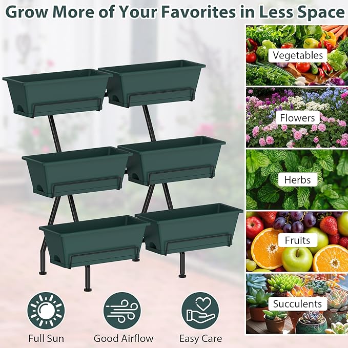 Sunexinlo 3-Tier Vertical Garden Planter with 6 Boxes, 31" Tall Raised Garden Bed with Adjustable Feet for Herbs, Flowers, Vegetables, Ideal for Indoor, Outdoor, Patio, Balcony, Deck Use, Green