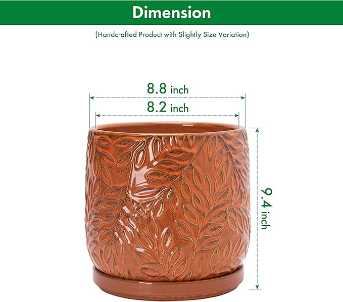 D'vine Dev 8 Inch Embossed Leaves Stoneware Planter Pot with Drainage Hole and Saucer, Pumpkin, 27-A-Q-J