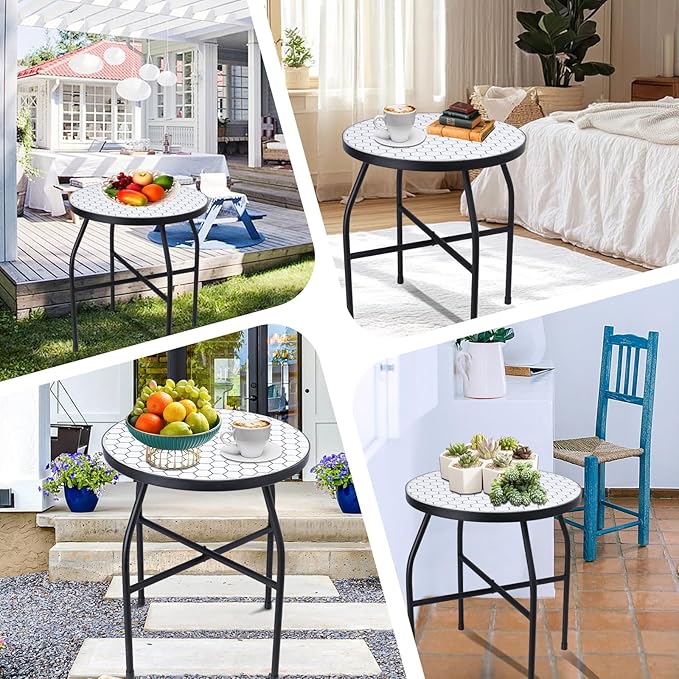 VCUTEKA Mosaic Outdoor Side Table, Round Rustproof Patio Table with 14" Ceramic Tile Top, Indoor Porch Accent Table for Yard, Garden, Living Room, Bistro Balcony, White