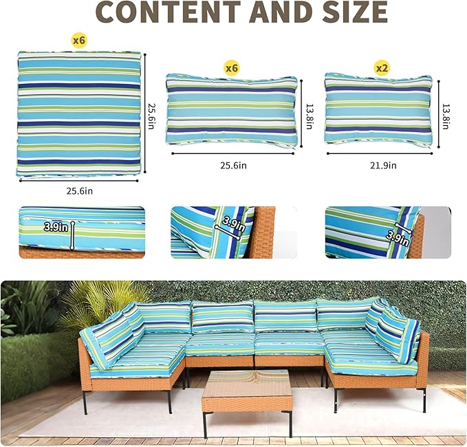 14Piece Outdoor Sofa Cushion Replacement, Patio Furniture Waterproof Cushion with Zippers, fit 6-Seat Outdoor Wicker Rattan Sectional Couch (Aurora, 25.6"x25.6"x3.9")