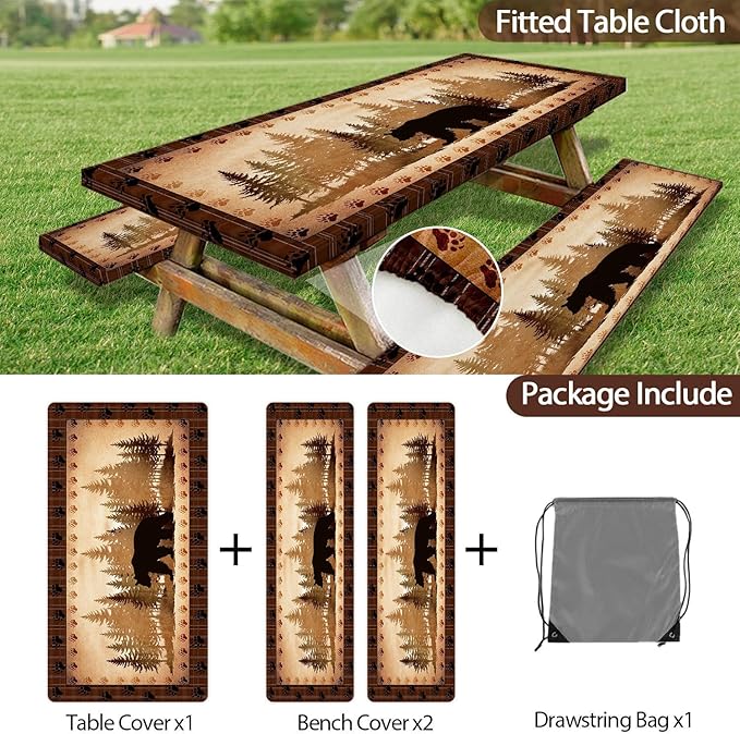 30X96 Inch Brown Bear Picnic Table Cover with Bench Cover and Drawstring Bag, Waterproof Washable Fitted Outdoor Tablecloth Rectangular Elastic Edged for Camping Outdoor Travel, 3 Pieces Set