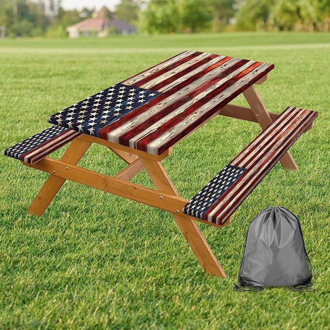 Picnic Table Cover with Bench Covers Elastic Edges, American Flag Wooden Camper Fitted Table Cover, Outdoor Camping Essentials, Waterproof Camping Fitted Tablecloth with Drawstring Bag, 96In 3PCS