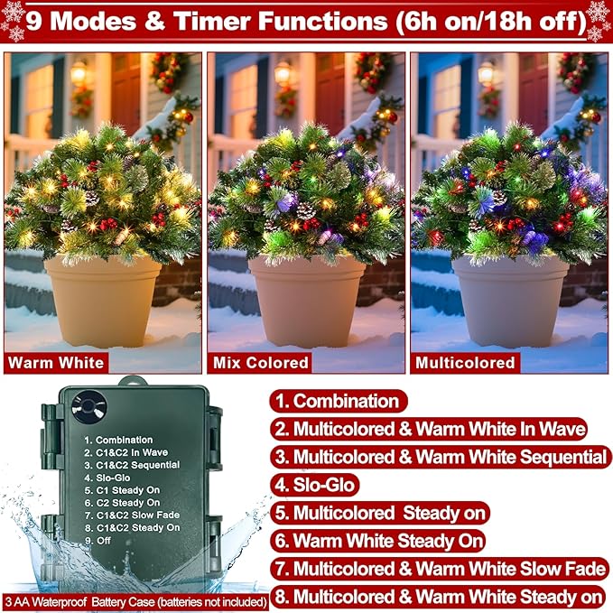 8 Modes&Timer -2 Pack 24" Lighted Christmas Tree Outdoor Urn Filler with Warm White & Multi-Color Change Lights Snowy Pinecone Berries Tripod Stake Xmas Trees Planter Filler Christmas Decor Yard Porch