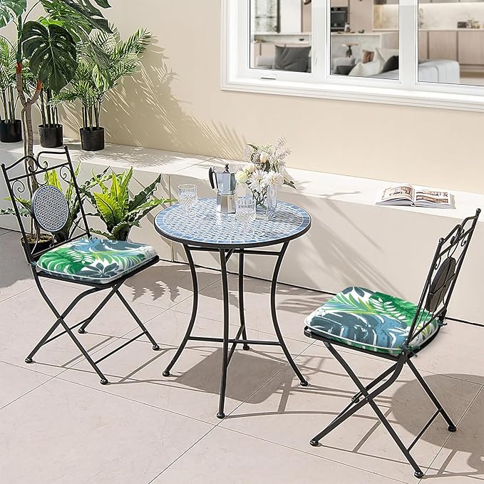 Outdoor Chair Cushions Set of 2, Water Resistant Patio Chair Pads with Ties, Seat Cushions for Home Garden Furniture Decoration, 16"x17", Islamorada Blue Green