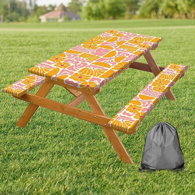 Picnic Table Covers with Bench Covers Boho Patchwork Orange Pink Flower Pattern Camping Tablecloth Fitted Picnic Table Cover with Elastic Windproof Waterproof, Camping Accessories Outdoor, 72In 3PCS