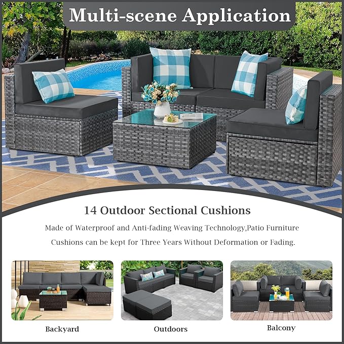 Outdoor Sectional Cushions, 4" Foam High-Density, Water-Resistant Couch Cushions Replacement Set, 14 Piece Patio Sectional Cushion for 6-Seat Sectional Patio Conversation Sets (Dark Grey)