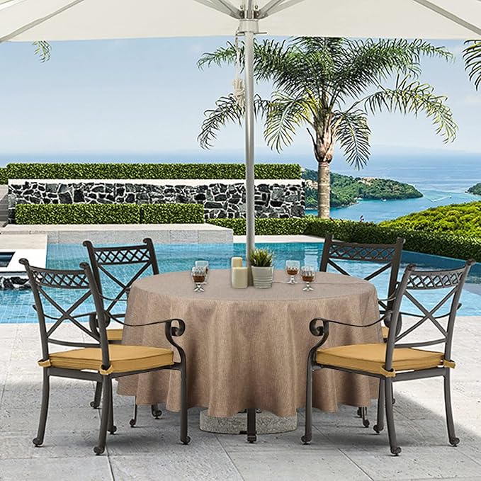 Outdoor Tablecloth Wrinkle-Free Stain Resistant Waterproof Polyester Fabric Table Cover with Zipper Umbrella Hole for Picnic/Party/Dinner/Patio Garden(70inch Round,Zippered,Flax)