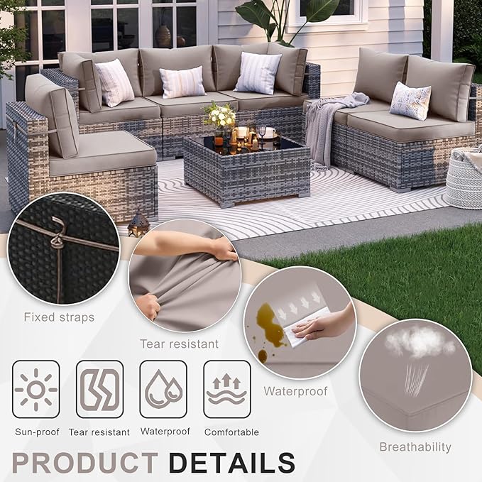 Patio Sectional Cushions, 14-Piece Replacement Cushions for Outdoor Furniture, Water-Resistant Outdoor Sofa Cushion for 6-Seat Rattan Wicker Sectional Conversation Sets (Khaki)