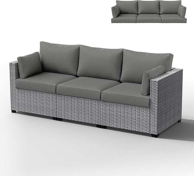 Outdoor Furniture Replacement Cushions, Waterproof Patio Furniture Cushions, 4" Deep Seat Outdoor Sectional Cushion for 3-Seat Outdoors Rattan Sofa Patio Sofa Cushion, Light Grey