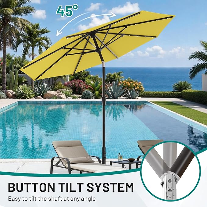 AreShark 9FT Patio Umbrella with Solar Lights, 32 LED Lighted Pool Umbrella w/Tilt and Crank, Outdoor Market Solar Umbrellas for Garden, Deck, Backyard, Pool and Beach, Yellow