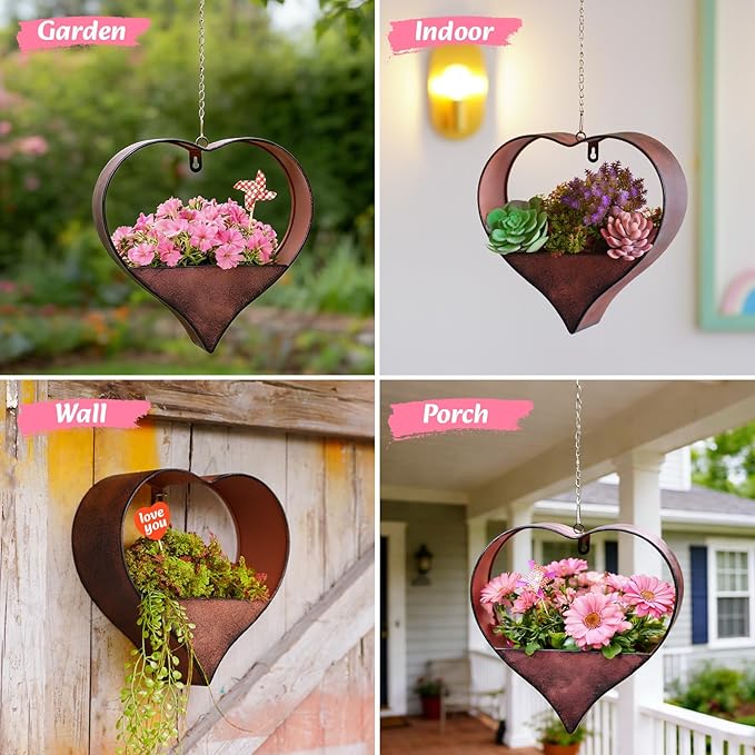 Metal Plant Hangers Indoor and Outdoor: Valentines Day Gifts for Her Wife Women Mom Garden Lovers Birthday - Heart Shape Hanging Planters for Window Wall Living Room Office Decor(Rustic)