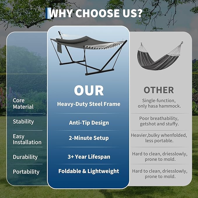GarveeLife 2 Person Double Hammock with Stand and Pillow - 450 Lbs Capacity Heavy Duty Hammock with Balance Rope, Large Outdoor Hammock for Patio Backyard Poolside