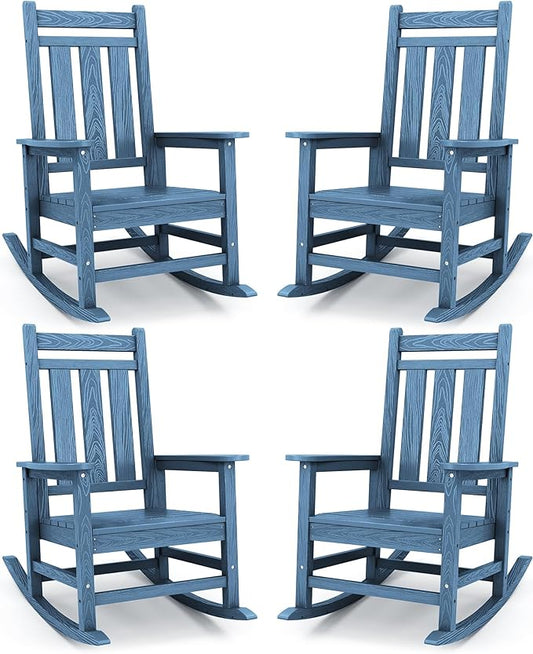 KINGYES Oversized Outdoor Rocking Chair Set of 4, All-Weather Patio Rocking Chairs for Porch, HDPE Outdoor Patio Rockers with High Back & Wide Seat for Garden, Lawn, Blue