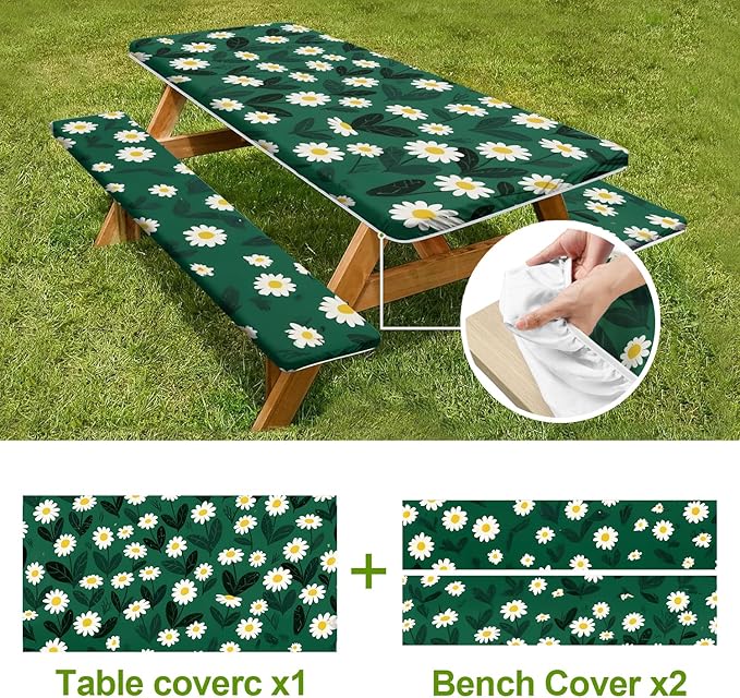 Fresh Floral Picnic Table Cover with Bench Covers Set of 3 - Green Background with White Ditsy Flowers, Elastic Fitted Tablecloth for 6 Ft Tables, Washable Polyester Cover for Garden, Indoor & Outdoor