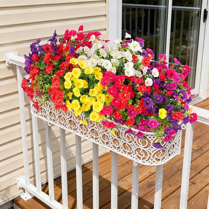 Artificial Flowers for Outdoors, 12 Bundles Fake Plastic Petunias Flower Plant, Faux UV Resistant Silk Morning Glory for Outside Planter Garden Front Porch Door Spring Summer Decor